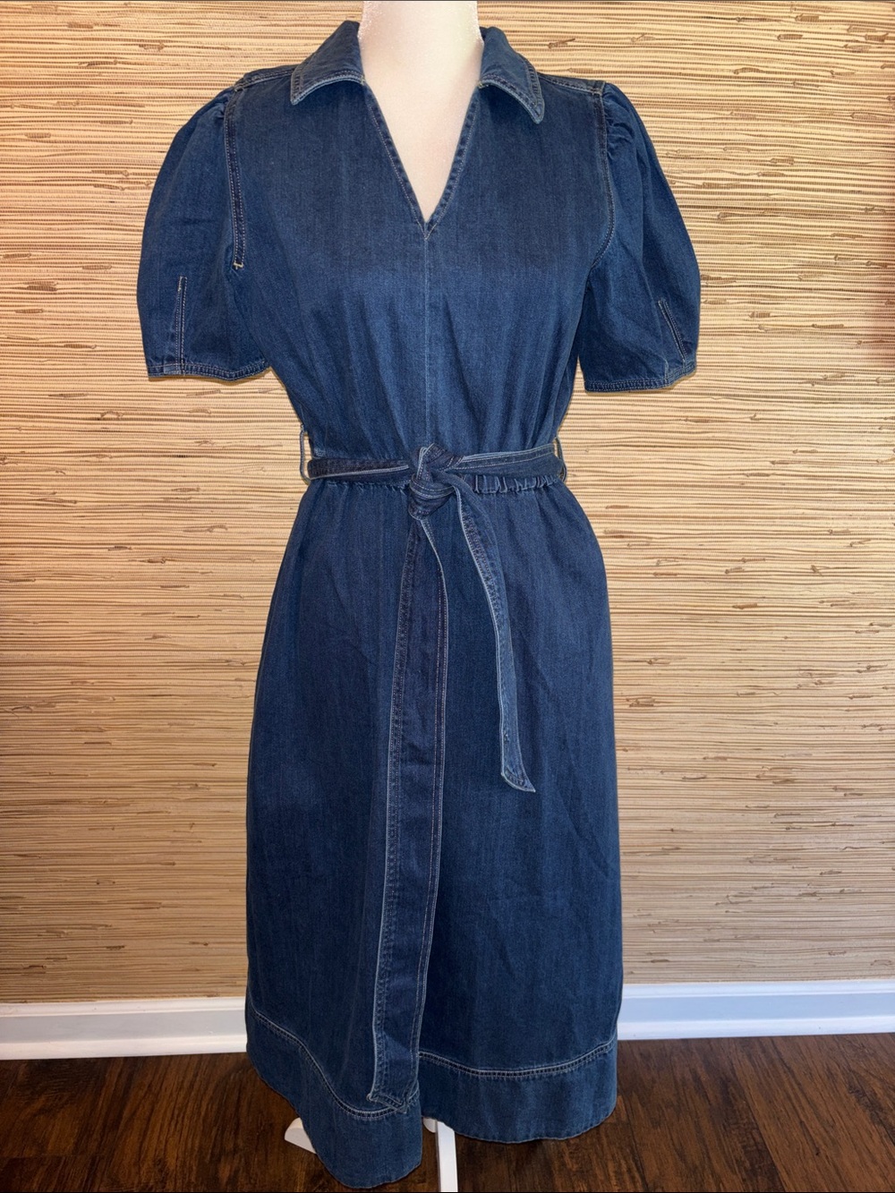 Lands’ End medium 10 12  Denim Shirt Dress Tie Waist - Dark Blue pockets EUC!